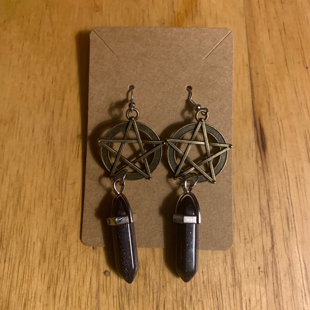 Gold pentagram and gem earrings